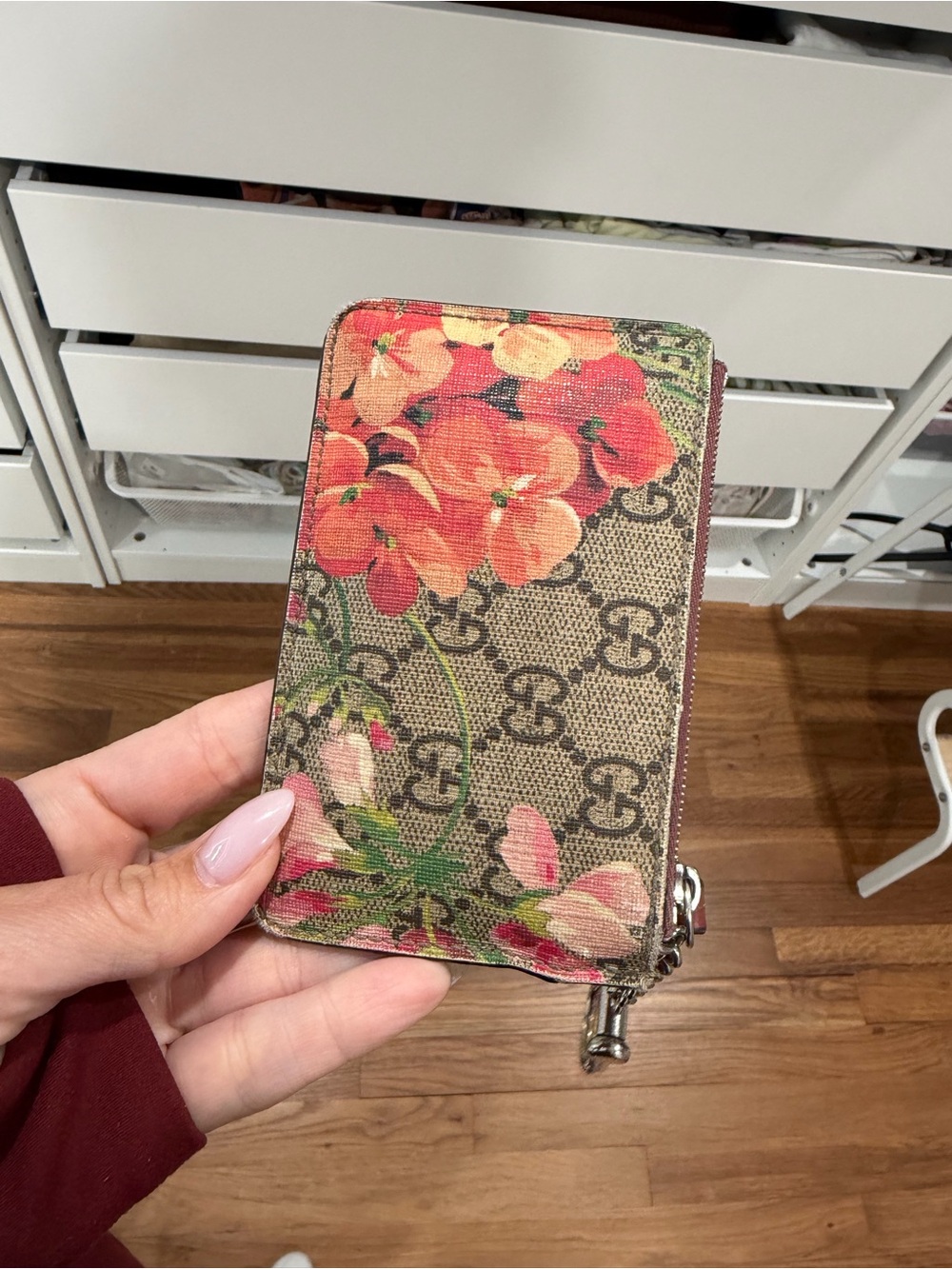 Gucci Brown Monogram Floral Zip Card Case with Pink & Orange Flowers